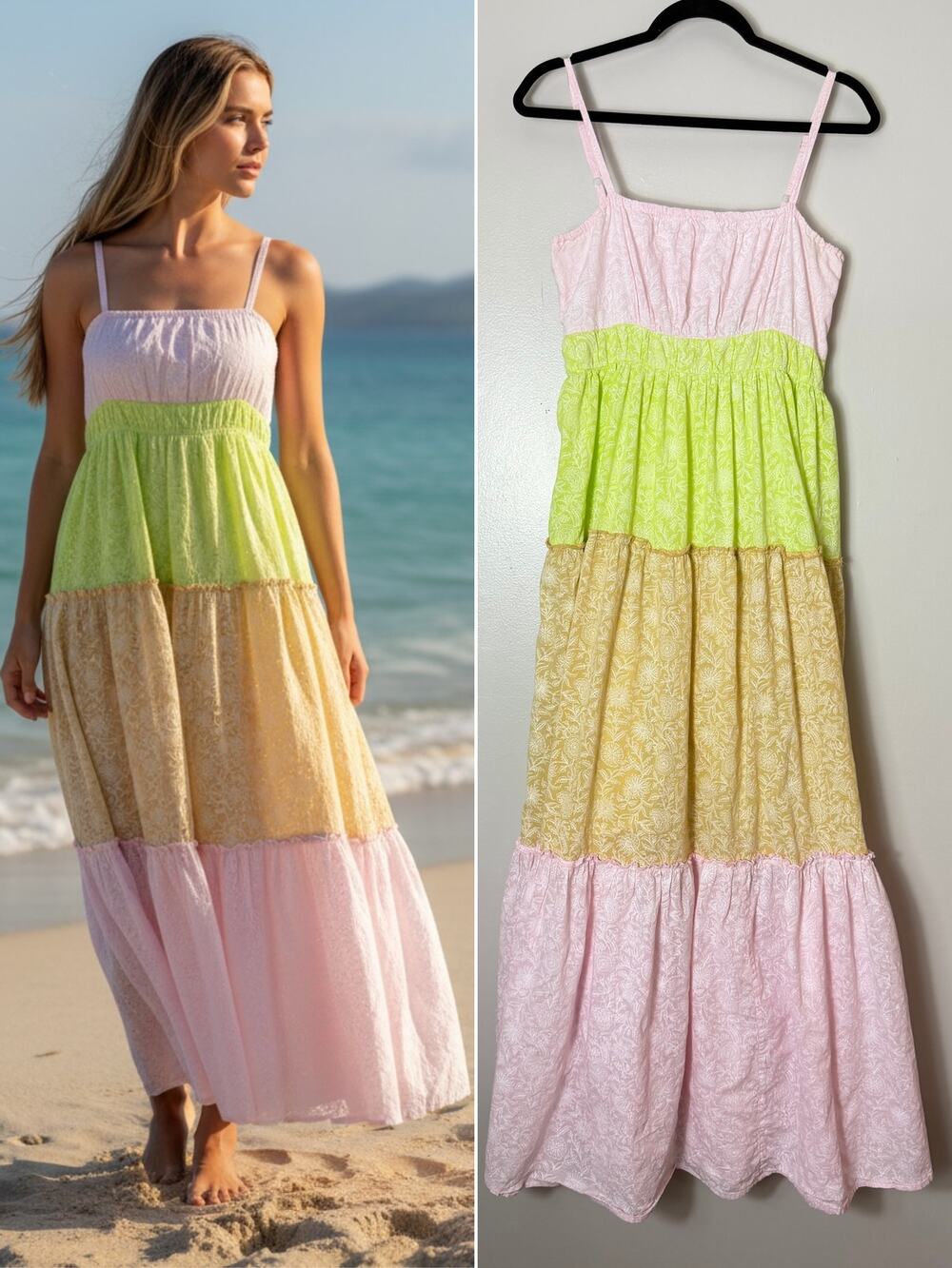 Anthropologie Ro's Garden Dress M Pink Green Tiered Ruffle Milkmaid Cottagecore